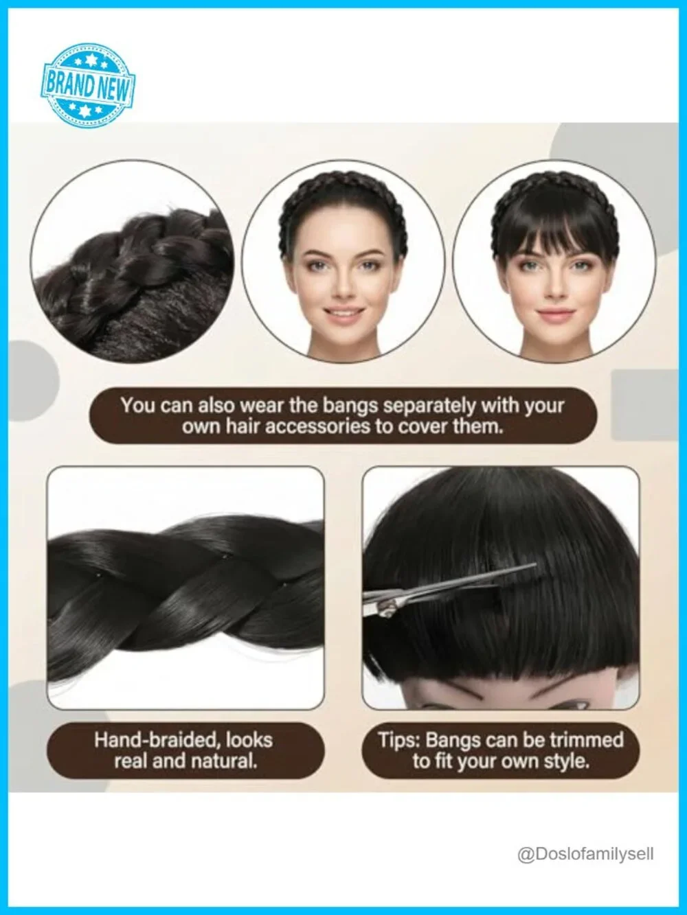 2pcs Braided Headbands With Detachable Clip-in Bangs Synthetic Hair
